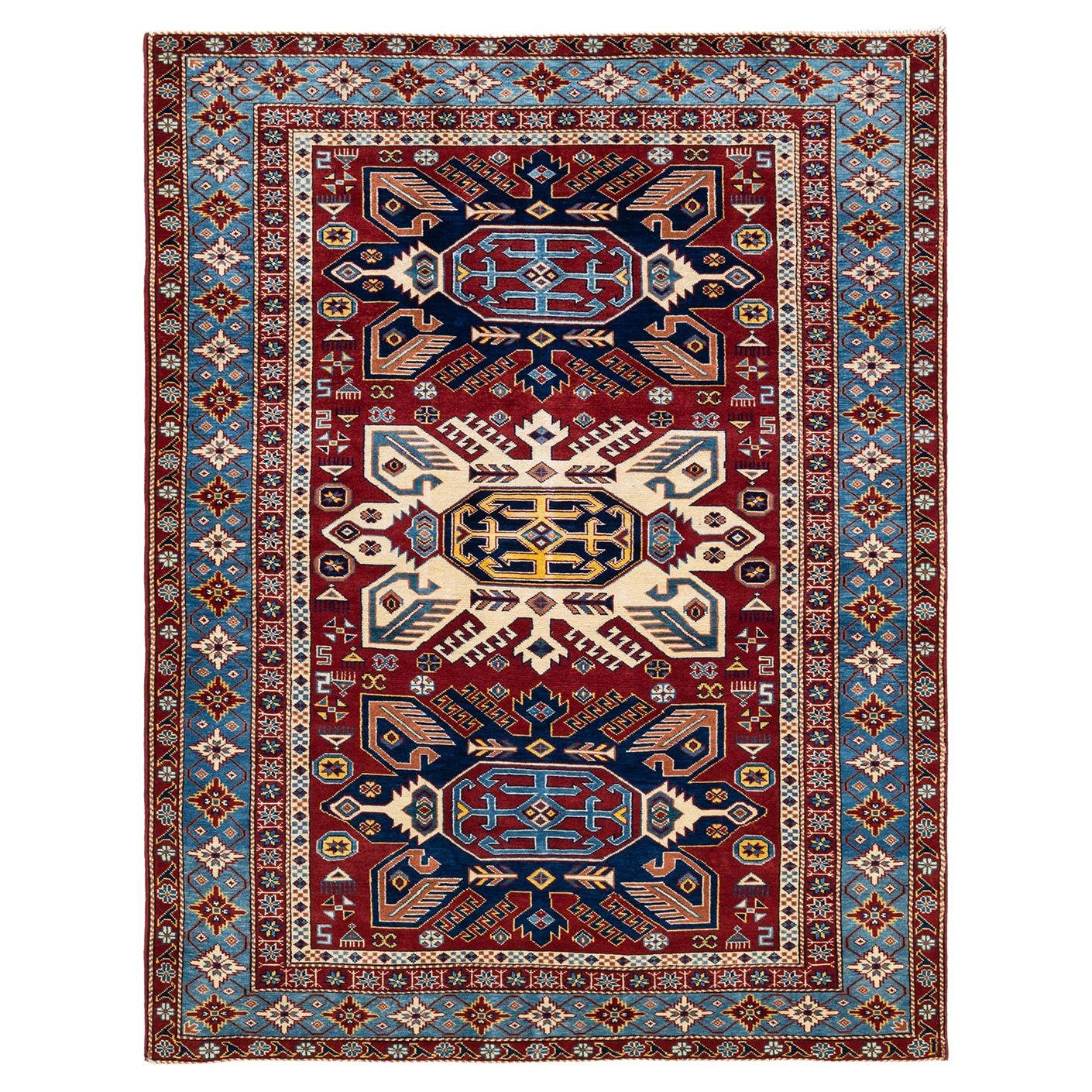 One-Of-A-Kind Hand Knotted Bohemian Tribal Tribal Orange Area Rug 5' 0" x 6' 5" For Sale