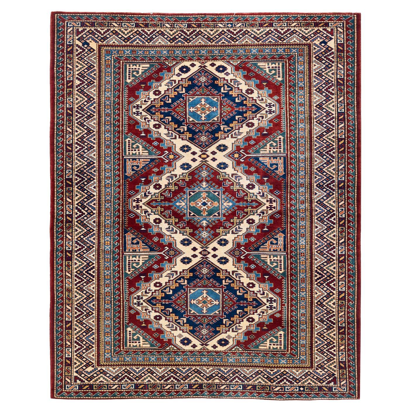One-Of-A-Kind Hand Knotted Bohemian Tribal Tribal Orange Area Rug 5' 4" x 6' 6" For Sale