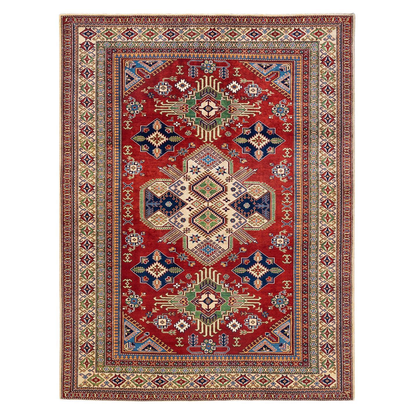 One-Of-A-Kind Hand Knotted Bohemian Tribal Tribal Orange Area Rug 6' 0" x 7' 10" For Sale