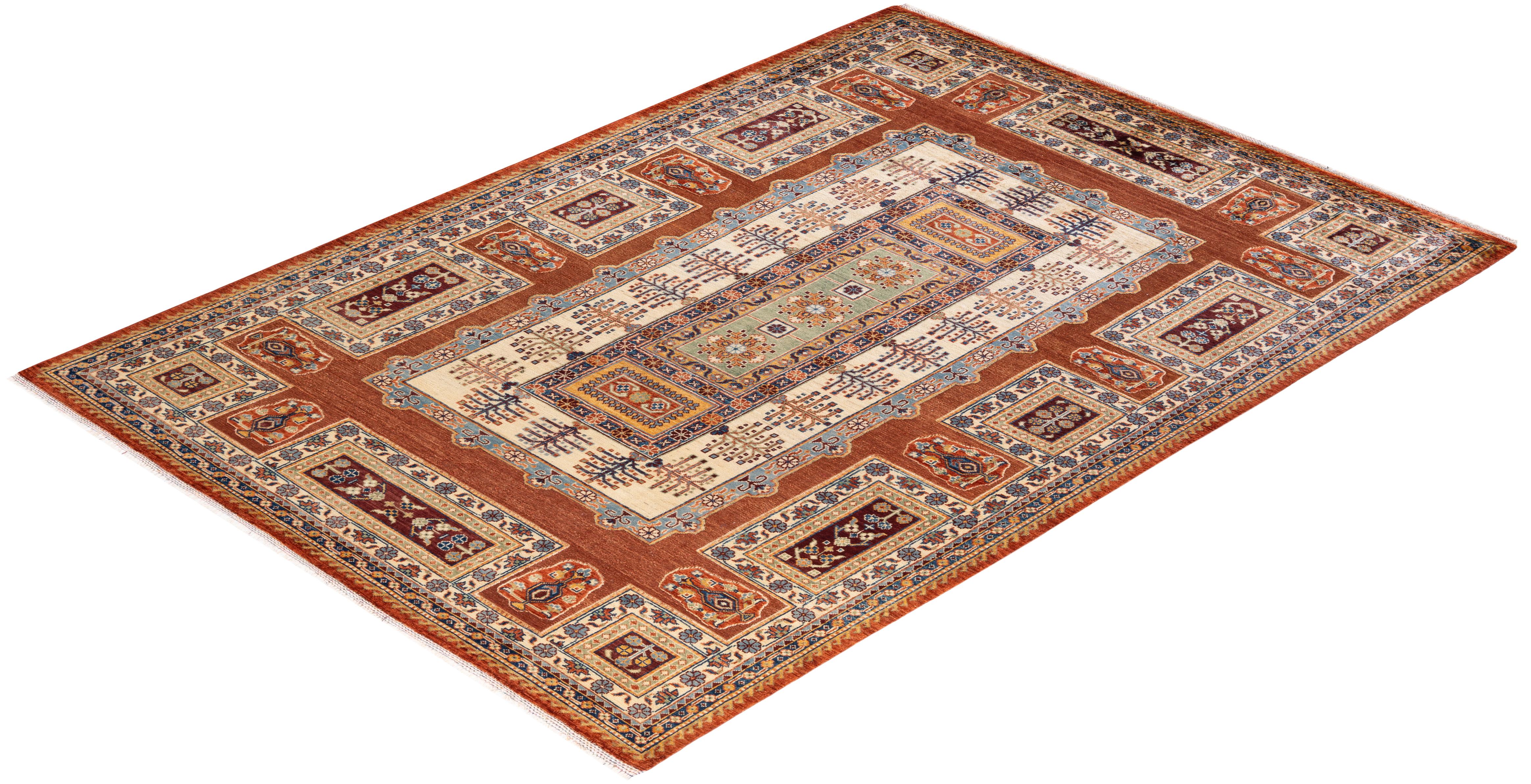 One-of-a-kind Hand Knotted Bohemian Tribal Tribal Orange Area Rug For Sale 2