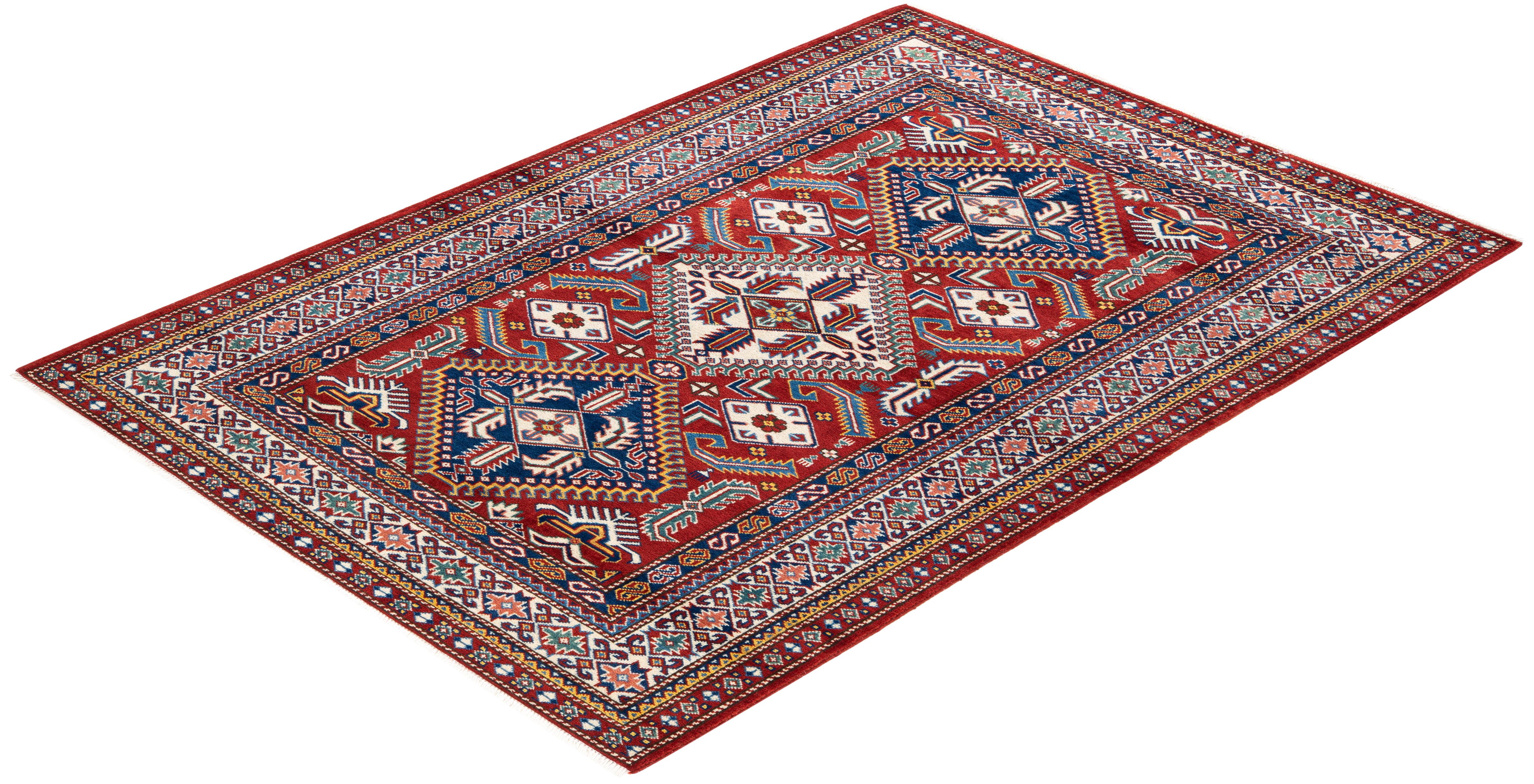 One-of-a-kind Hand Knotted Bohemian Tribal Tribal Red Area Rug For Sale 2