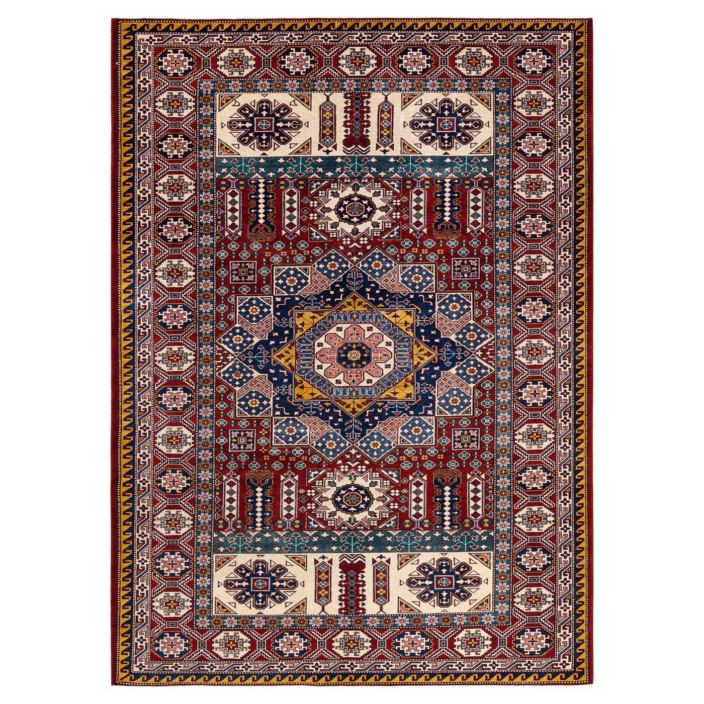 One-Of-A-Kind Hand Knotted Bohemian Tribal Tribal Red Area Rug 6' 10" x 9' 8" For Sale
