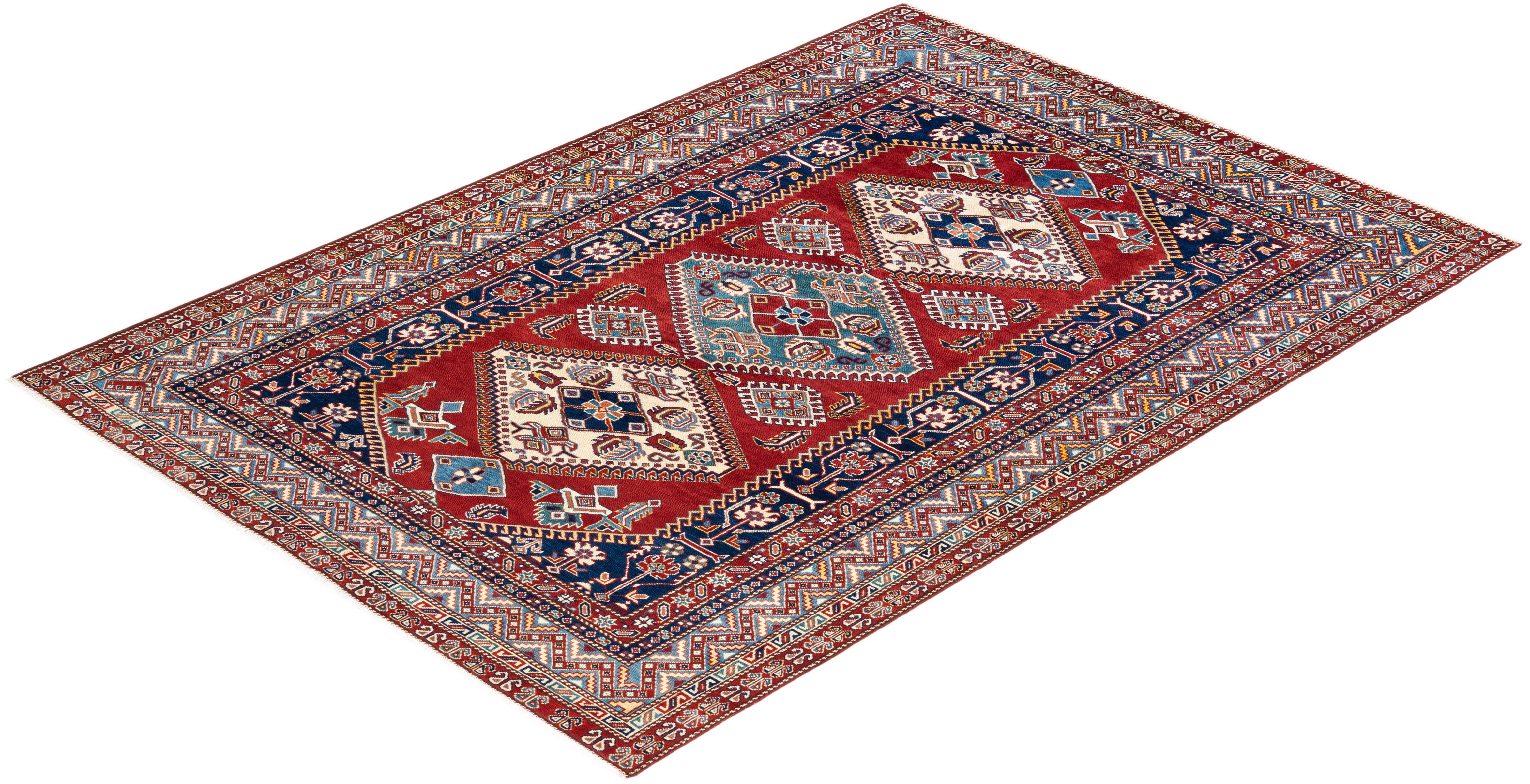 One-of-a-Kind Hand Knotted Bohemian Tribal Tribal Red Area Rug For Sale 2