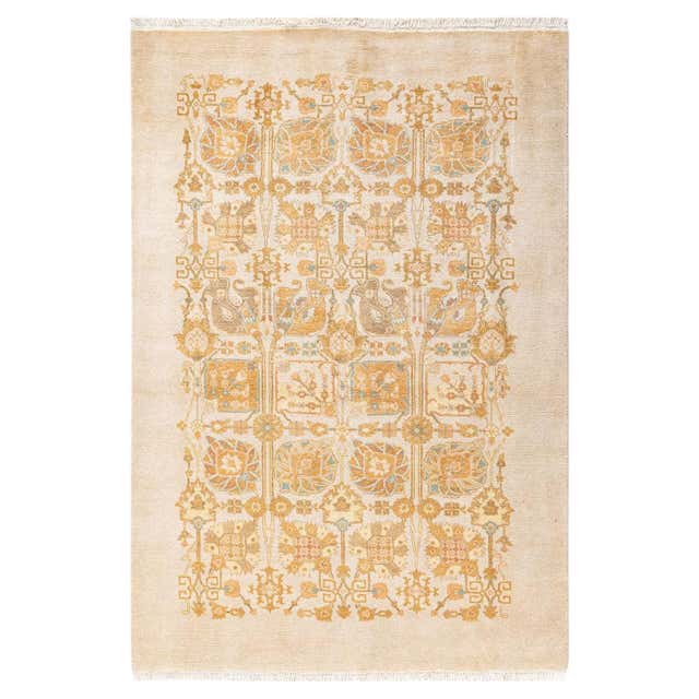 One of a Kind Hand Knotted Contemporary Abstract Eclectic Ivory Area ...