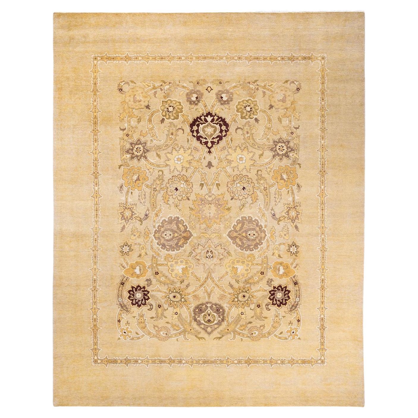 One of a Kind Hand Knotted Contemporary Abstract Eclectic Ivory Area Rug For Sale