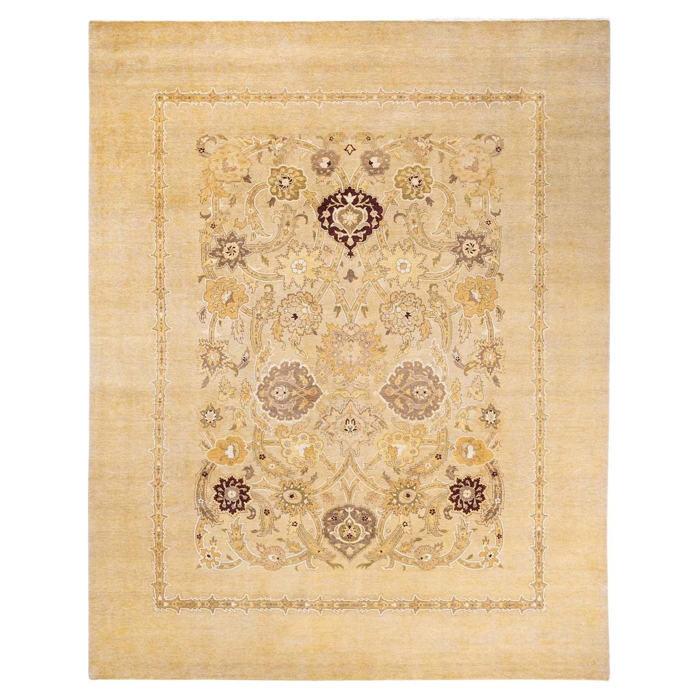 One of a Kind Hand Knotted Contemporary Abstract Eclectic Ivory Area ...