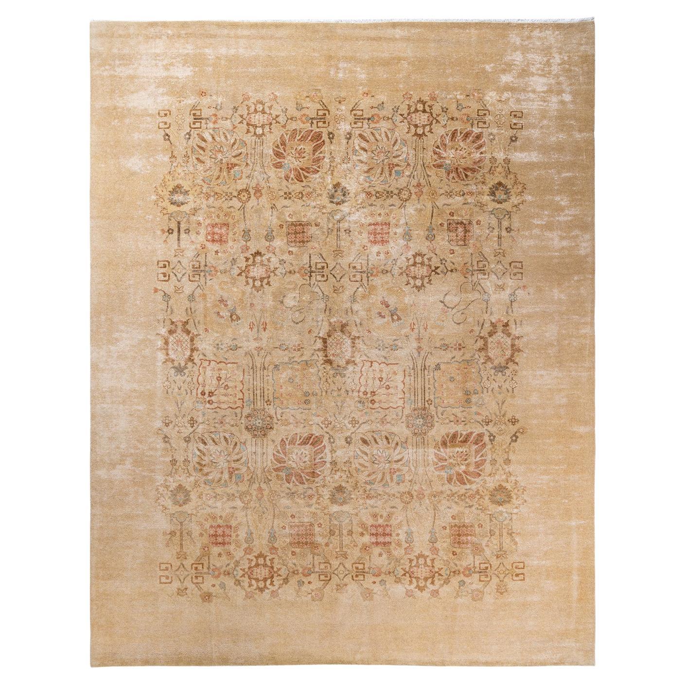 One of a Kind Hand Knotted Contemporary Abstract Eclectic Ivory Area Rug