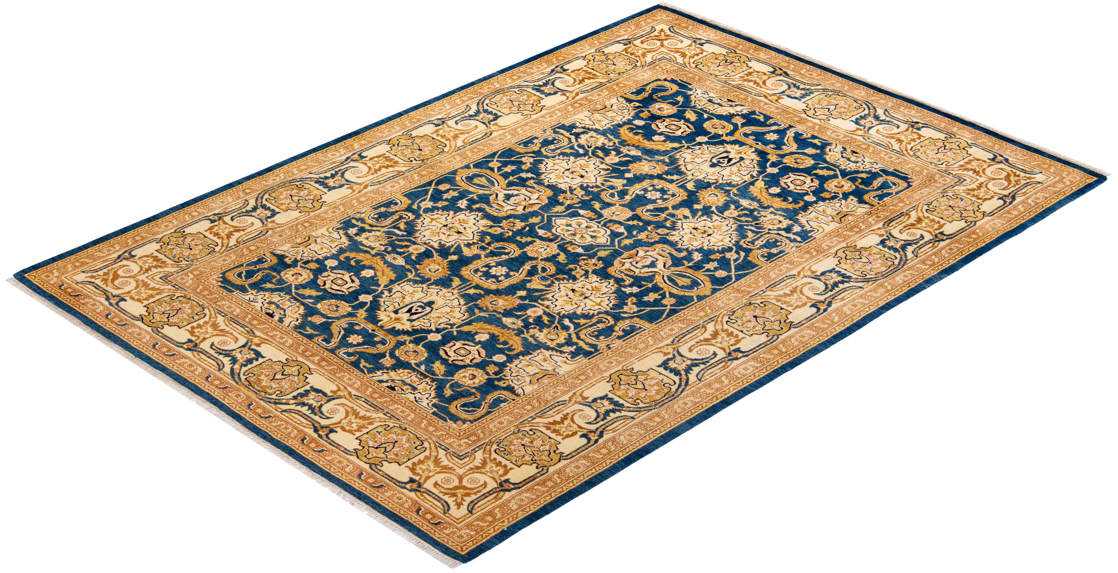 One-Of-A-Kind Hand Knotted Contemporary Eclectic Blue Area Rug For Sale 3