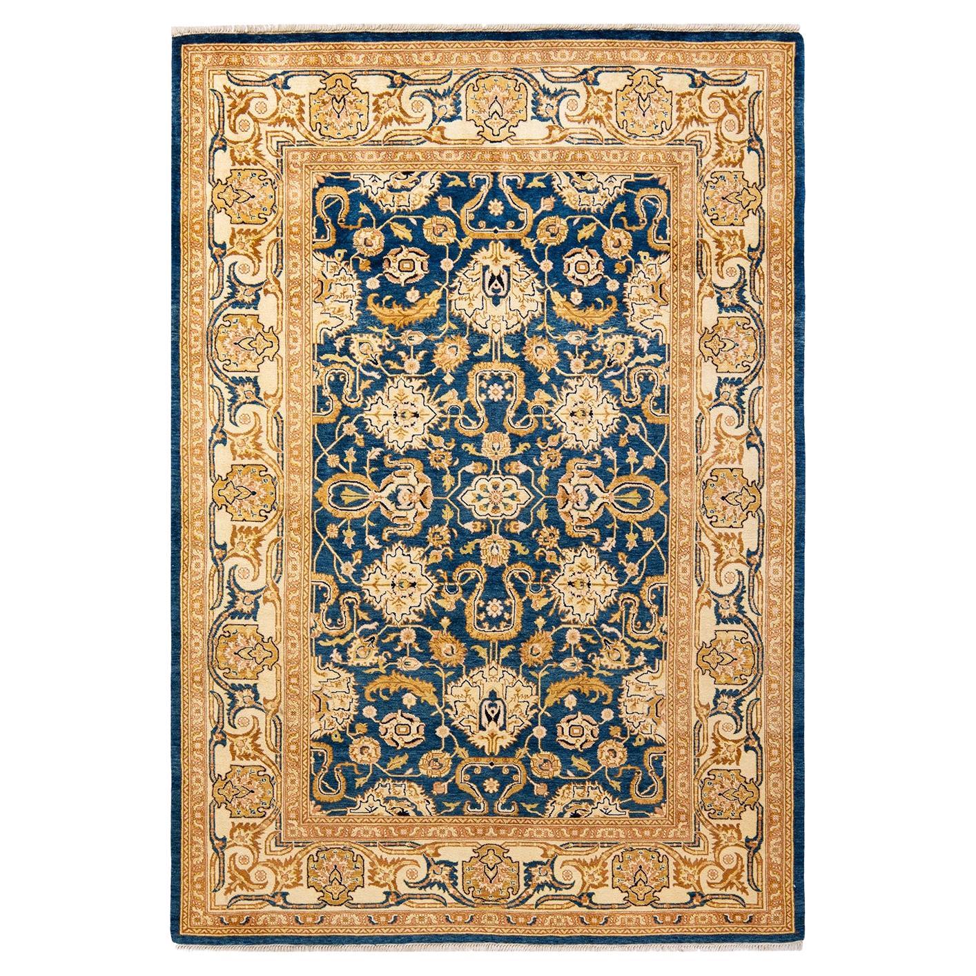 One-Of-A-Kind Hand Knotted Contemporary Eclectic Blue Area Rug For Sale