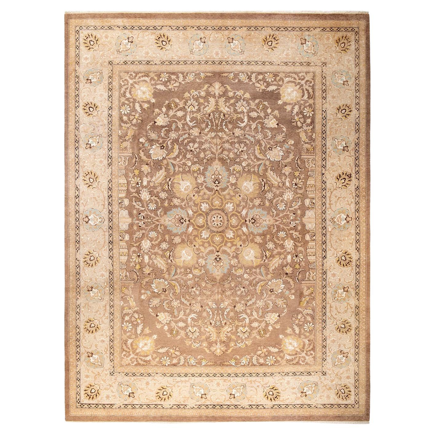 One-Of-A-Kind Hand Knotted Contemporary Eclectic Brown Area Rug 10' 1" x 13' 7" For Sale