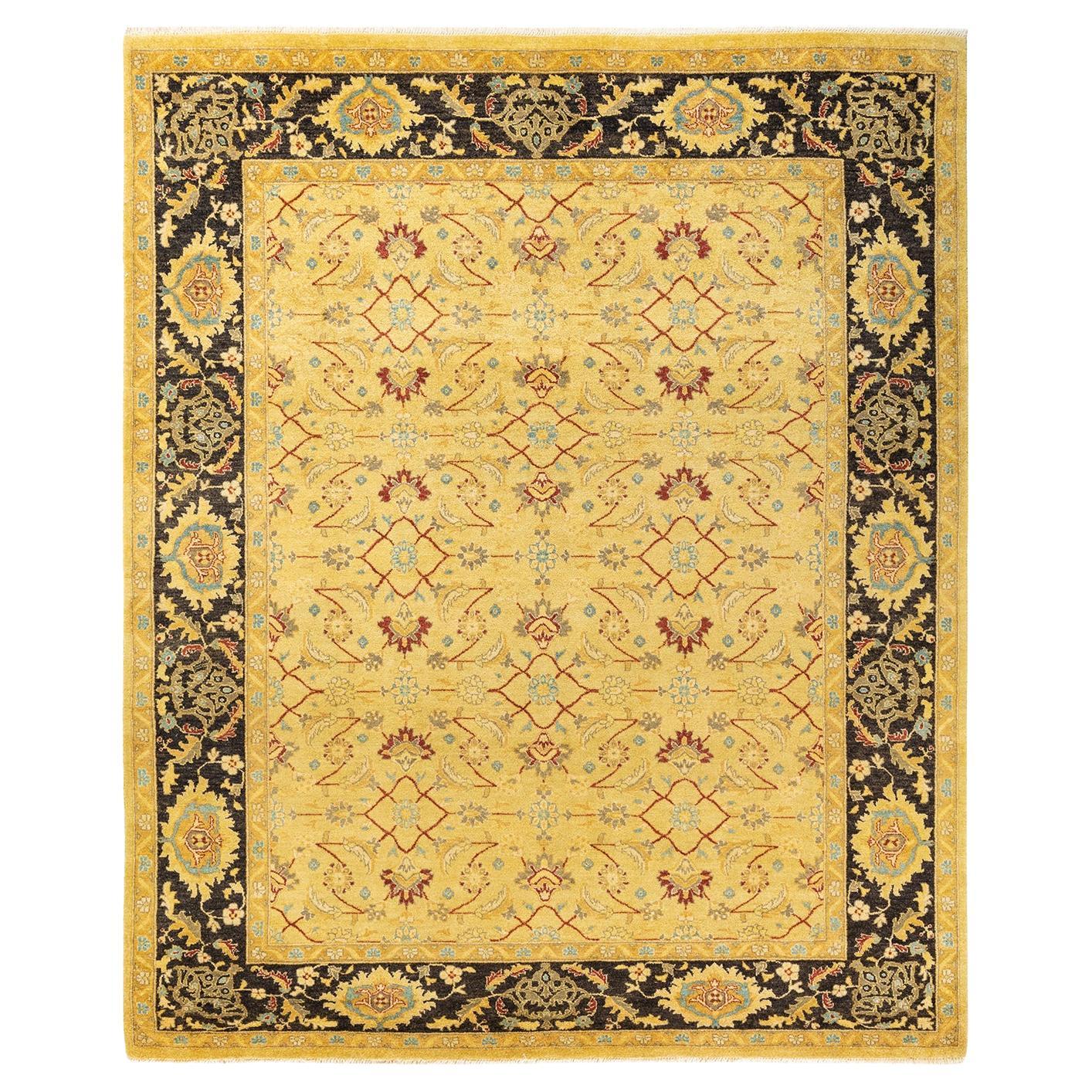 Tapis contemporain vert éclectique noué à la main unique en son genre