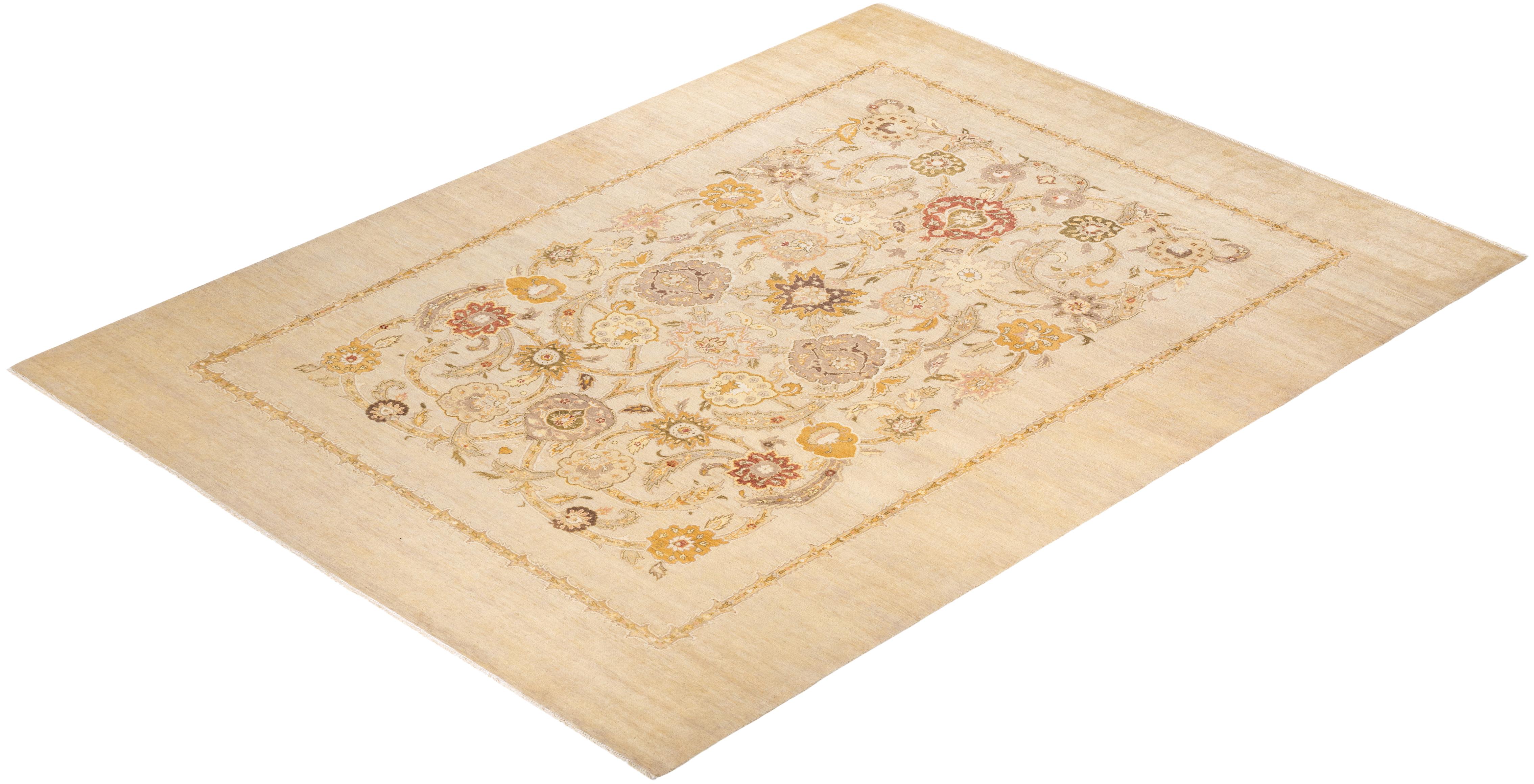 One-of-a-Kind Hand Knotted Contemporary Eclectic Ivory Area Rug For Sale 3