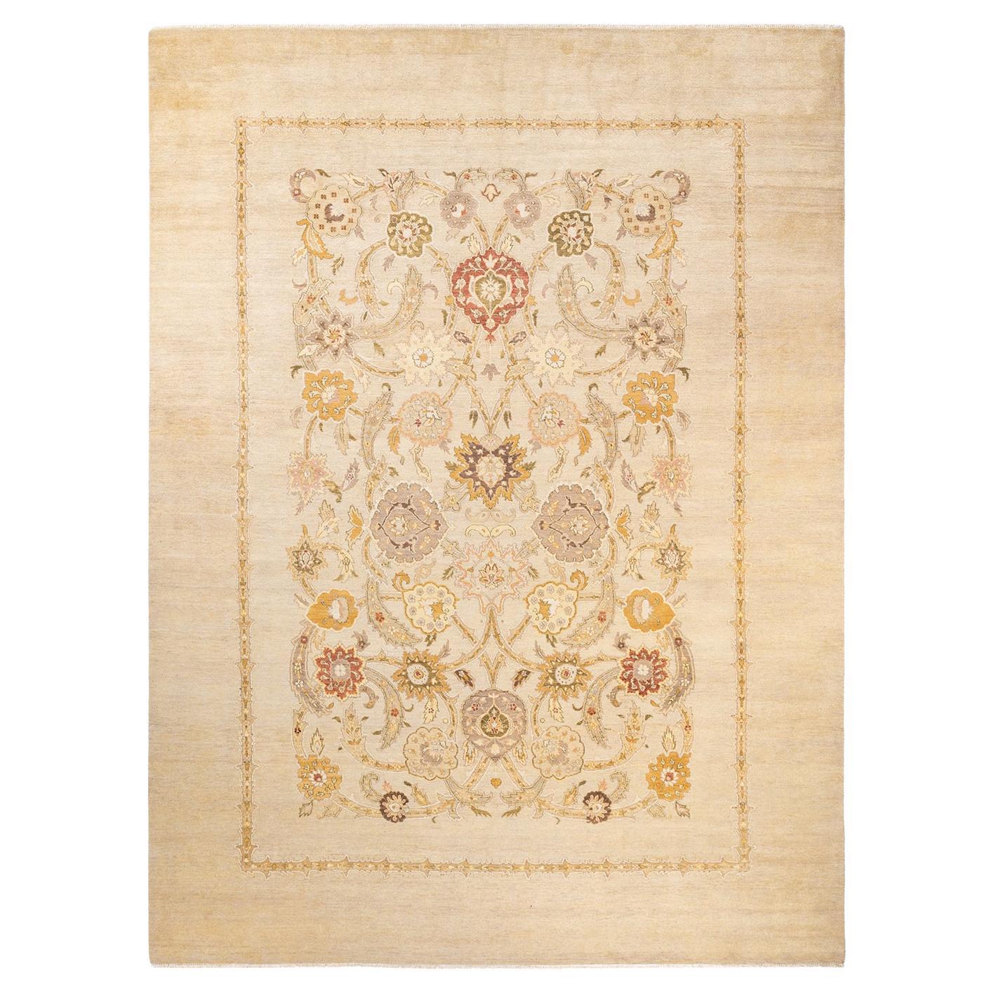 One-of-a-Kind Hand Knotted Contemporary Eclectic Ivory Area Rug For Sale
