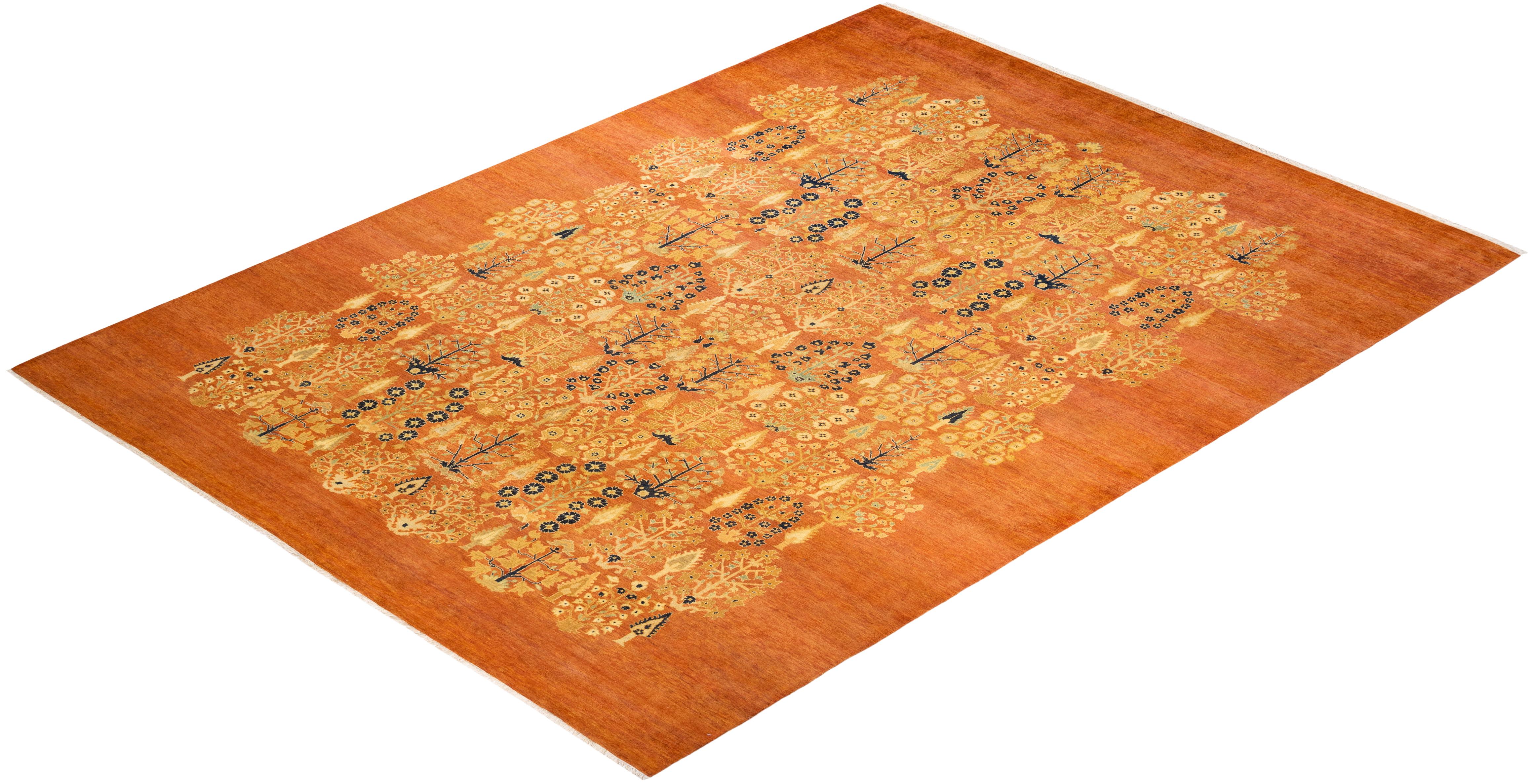 One-of-a-kind Hand Knotted Contemporary Eclectic Orange Area Rug
