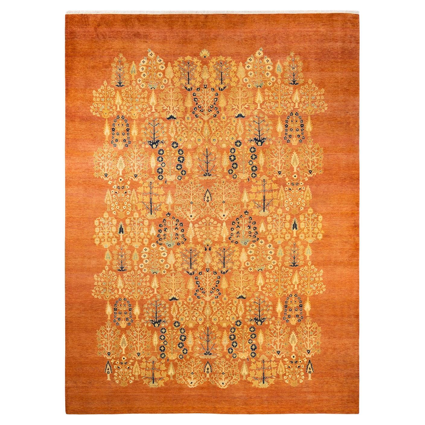 One-of-a-kind Hand Knotted Contemporary Eclectic Orange Area Rug" For Sale