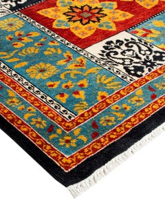 One of a Kind Hand Knotted Contemporary Floral Black Area Rug