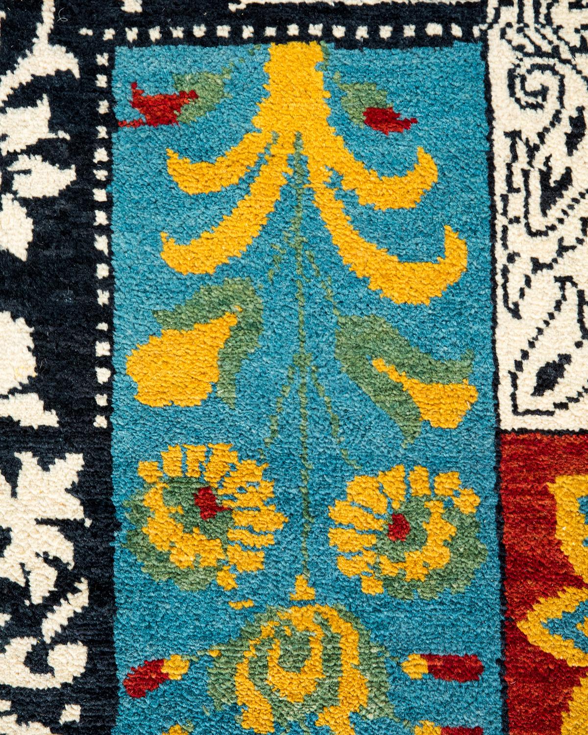 Pakistani One of a Kind Hand Knotted Contemporary Floral Black Area Rug For Sale