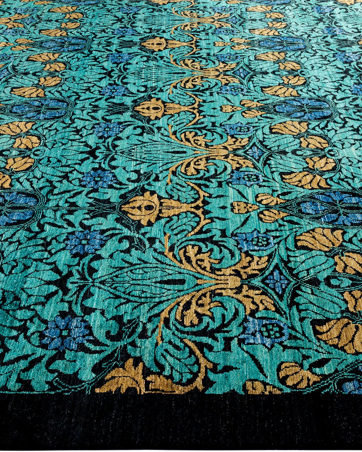 One of a Kind Hand Knotted Contemporary Floral Black Area Rug In New Condition For Sale In Norwalk, CT