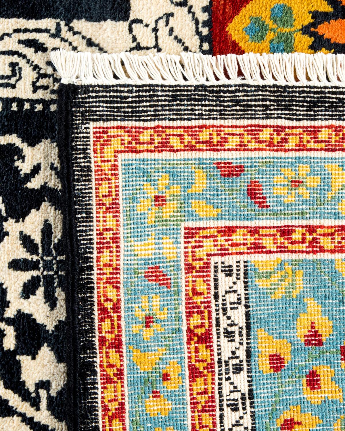 Wool One of a Kind Hand Knotted Contemporary Floral Black Area Rug For Sale