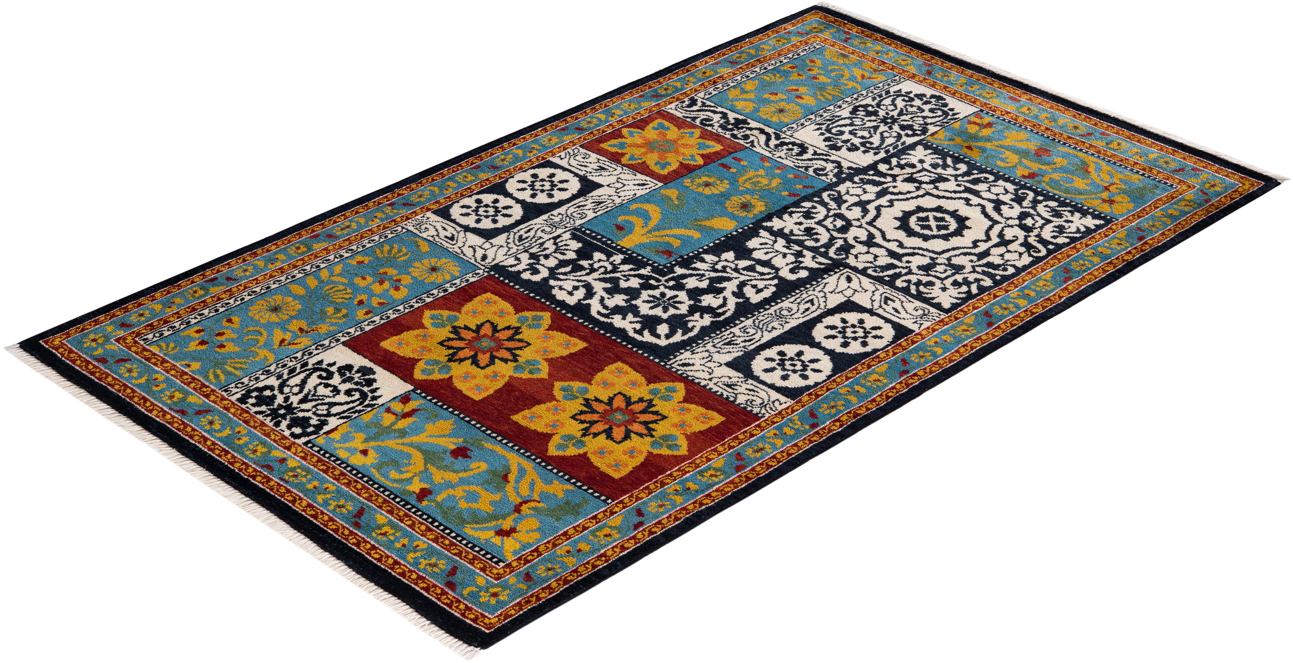 One of a Kind Hand Knotted Contemporary Floral Black Area Rug For Sale 3