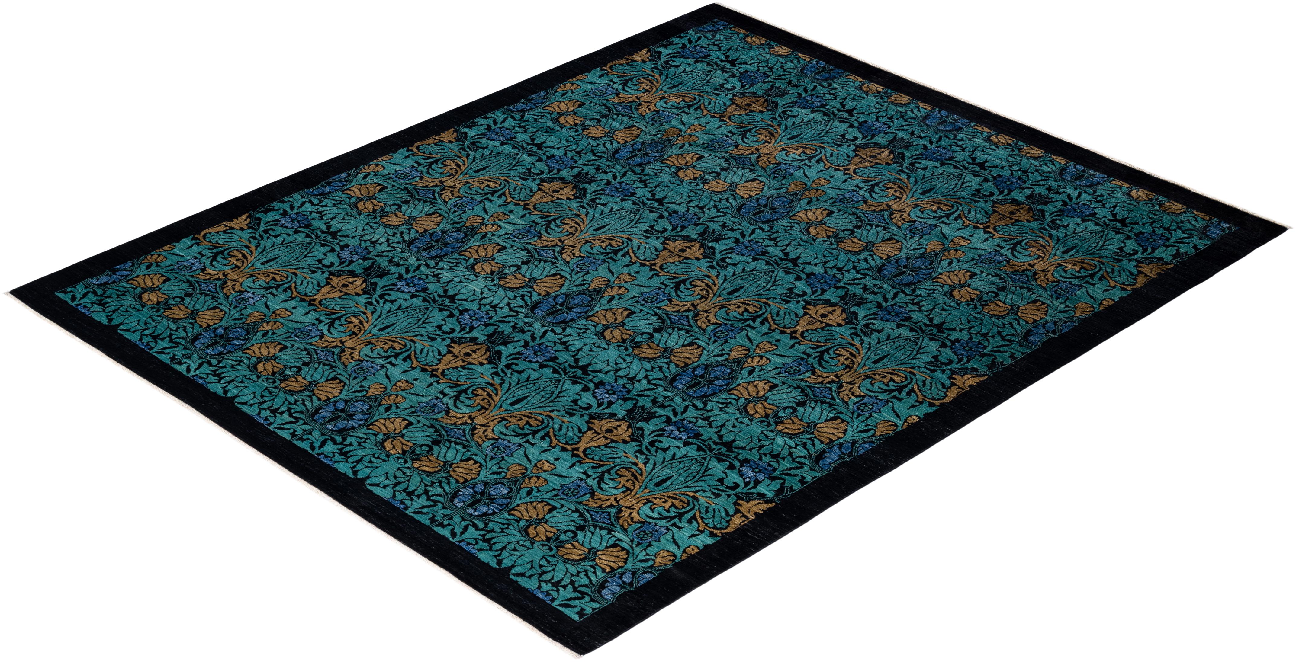 One of a Kind Hand Knotted Contemporary Floral Black Area Rug For Sale 3