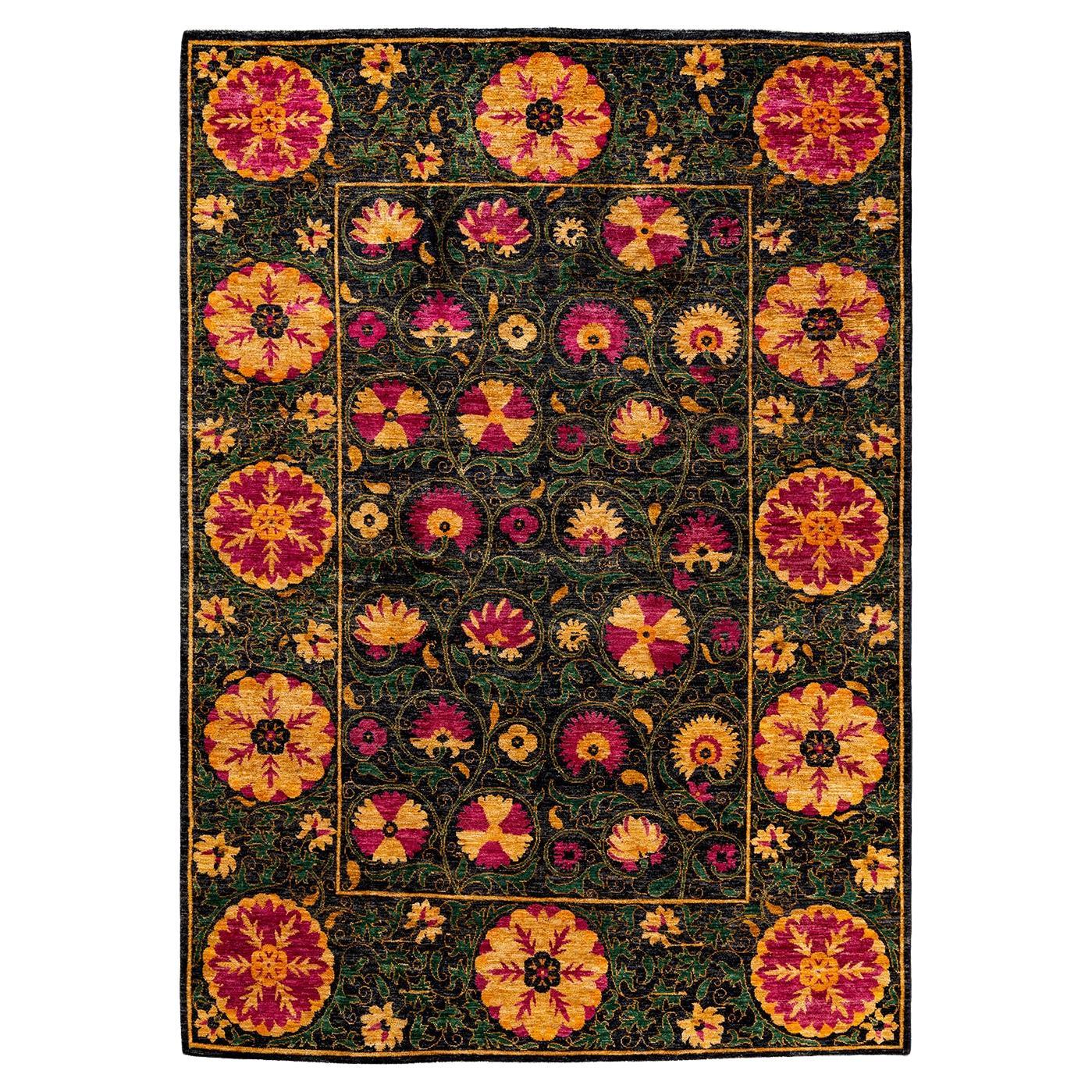 One of a Kind Hand Knotted Contemporary Floral Black Area Rug For Sale