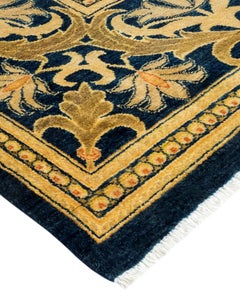One of a Kind Hand Knotted Contemporary Floral Blue Area Rug