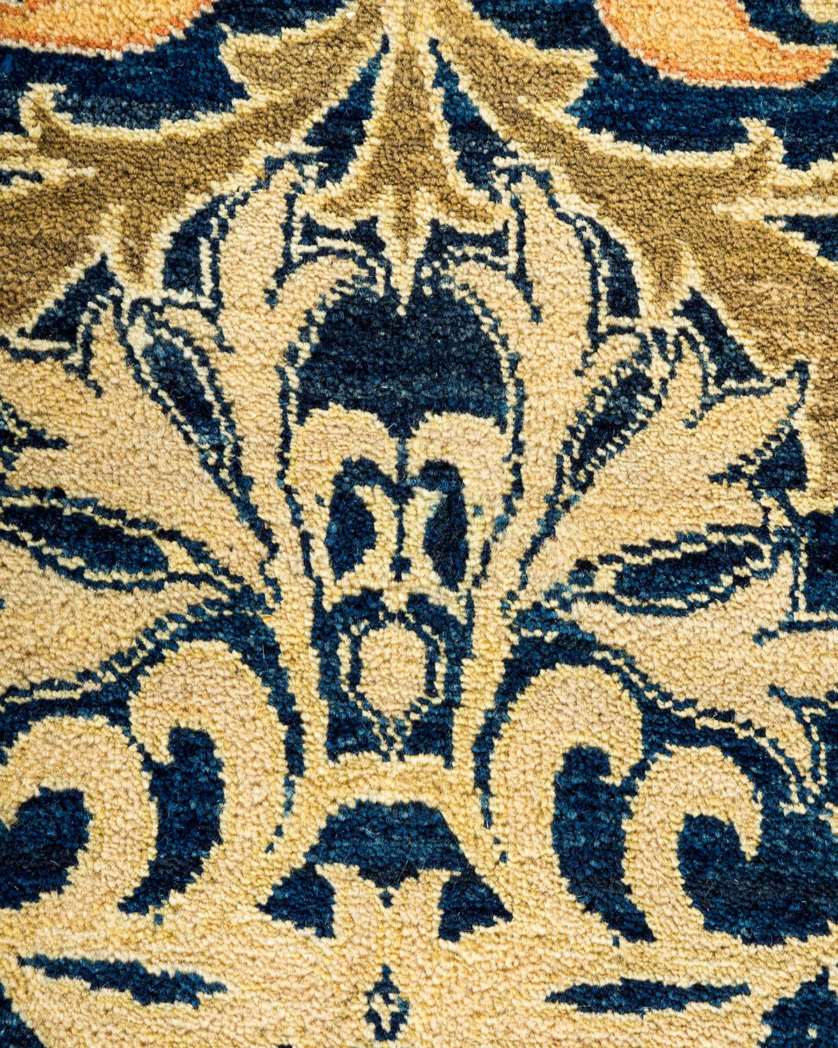 Pakistani One of a Kind Hand Knotted Contemporary Floral Blue Area Rug For Sale