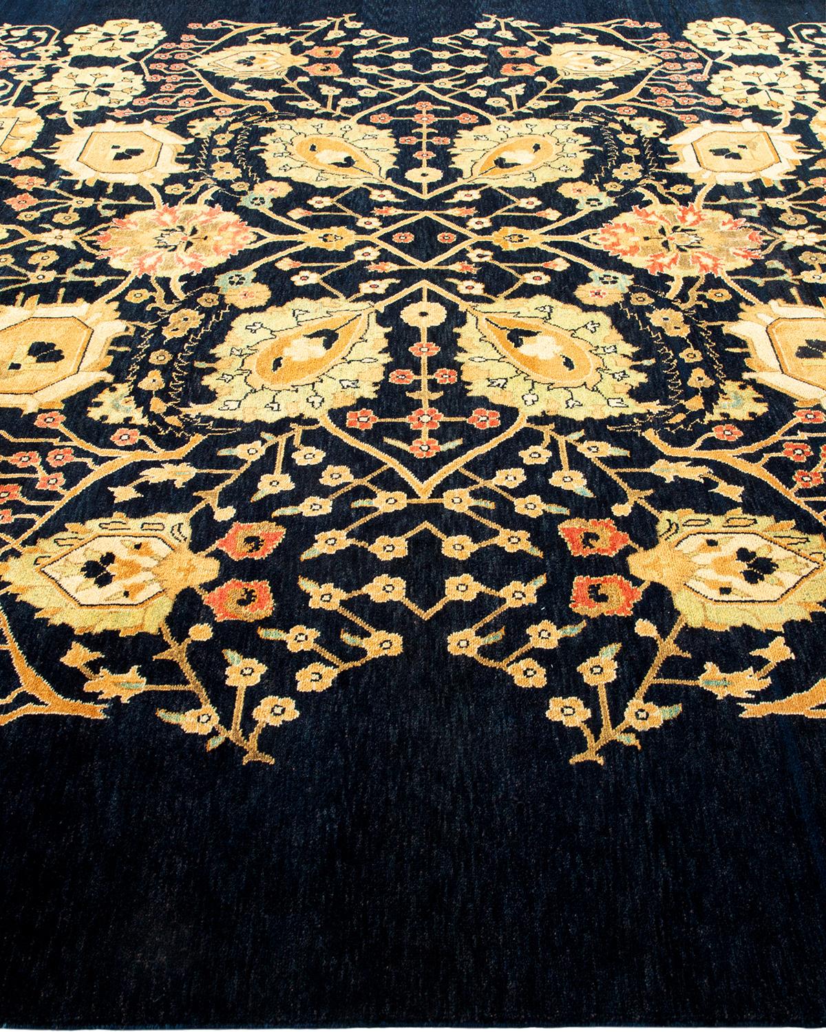 One of a Kind Hand Knotted Contemporary Floral Blue Area Rug In New Condition For Sale In Norwalk, CT