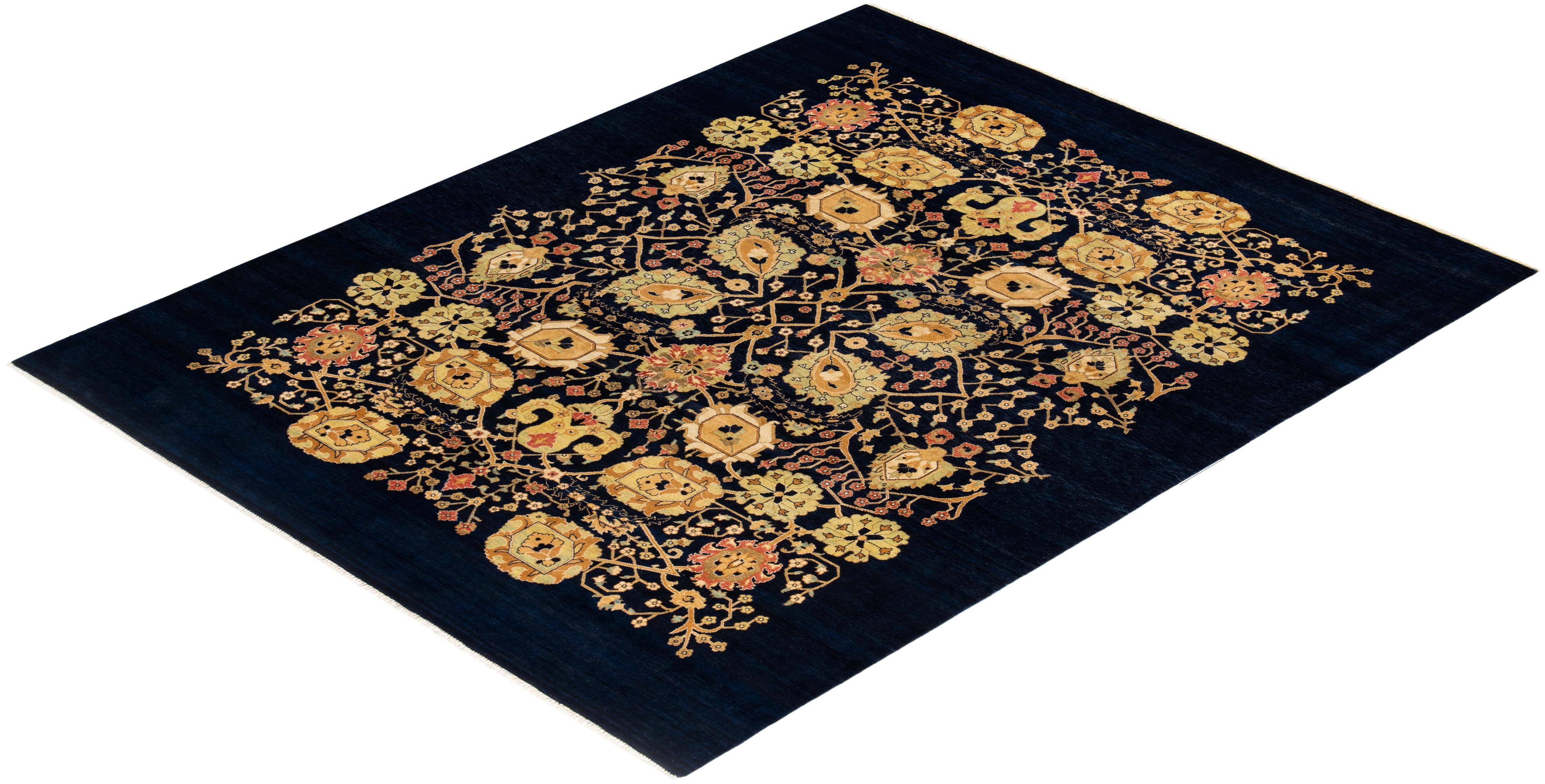 One of a Kind Hand Knotted Contemporary Floral Blue Area Rug For Sale 3