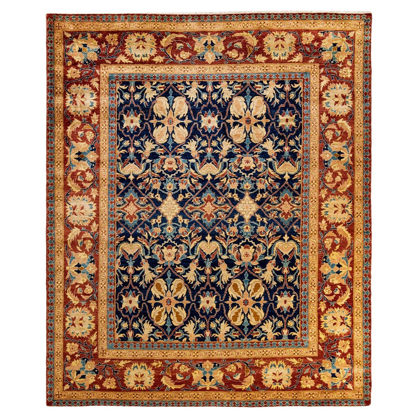 One of a Kind Hand Knotted Contemporary Floral Blue Area Rug For Sale