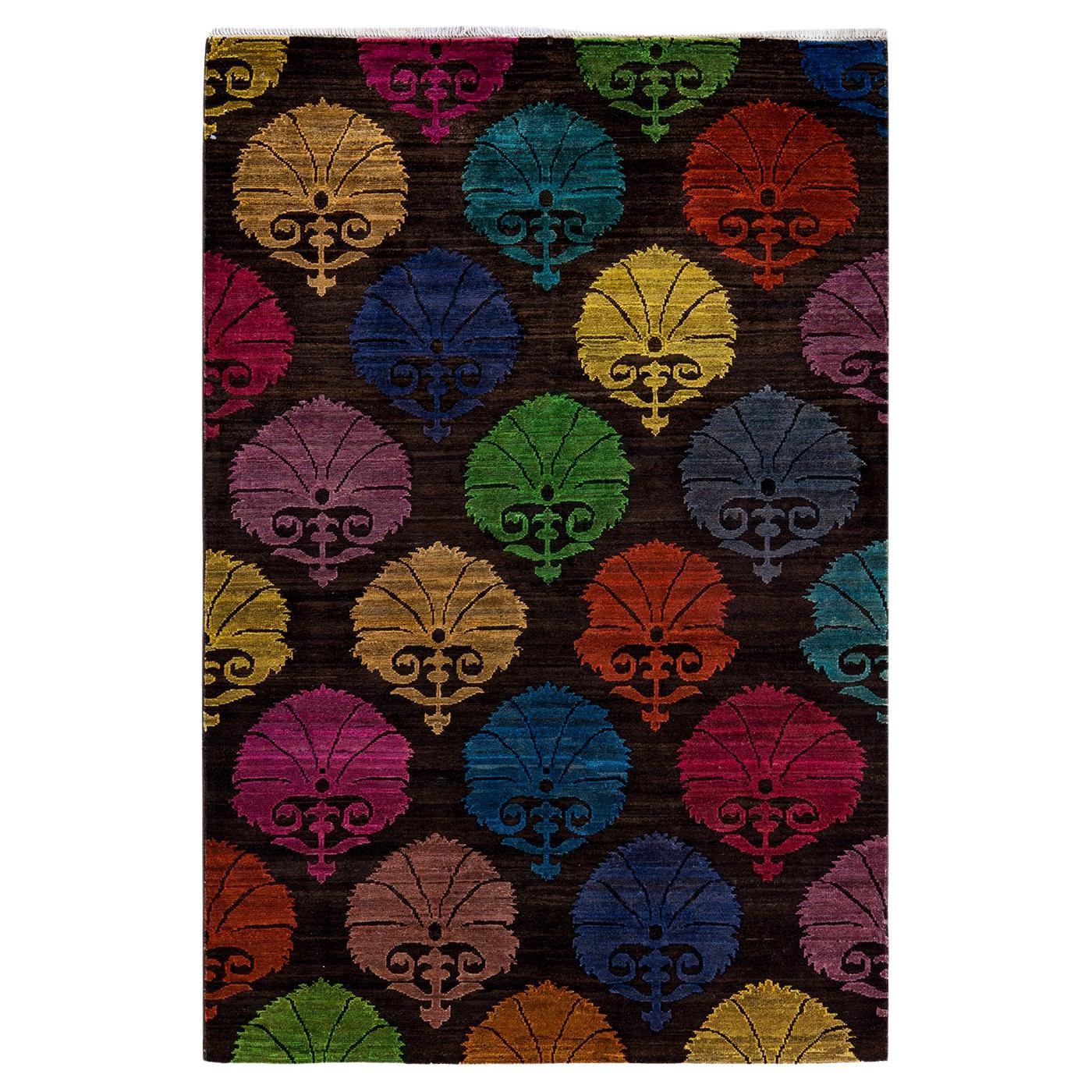 One of a Kind Hand Knotted Contemporary Floral Brown Area Rug
