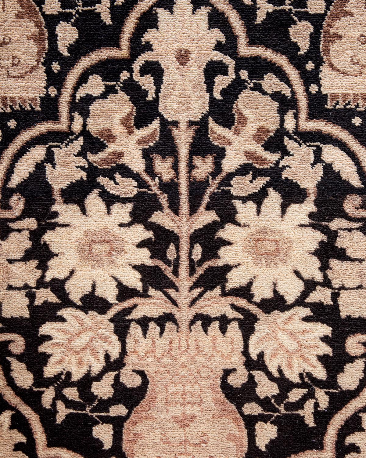 Pakistani One of Kind Hand Knotted Contemporary Floral Eclectic Black Area Rug For Sale