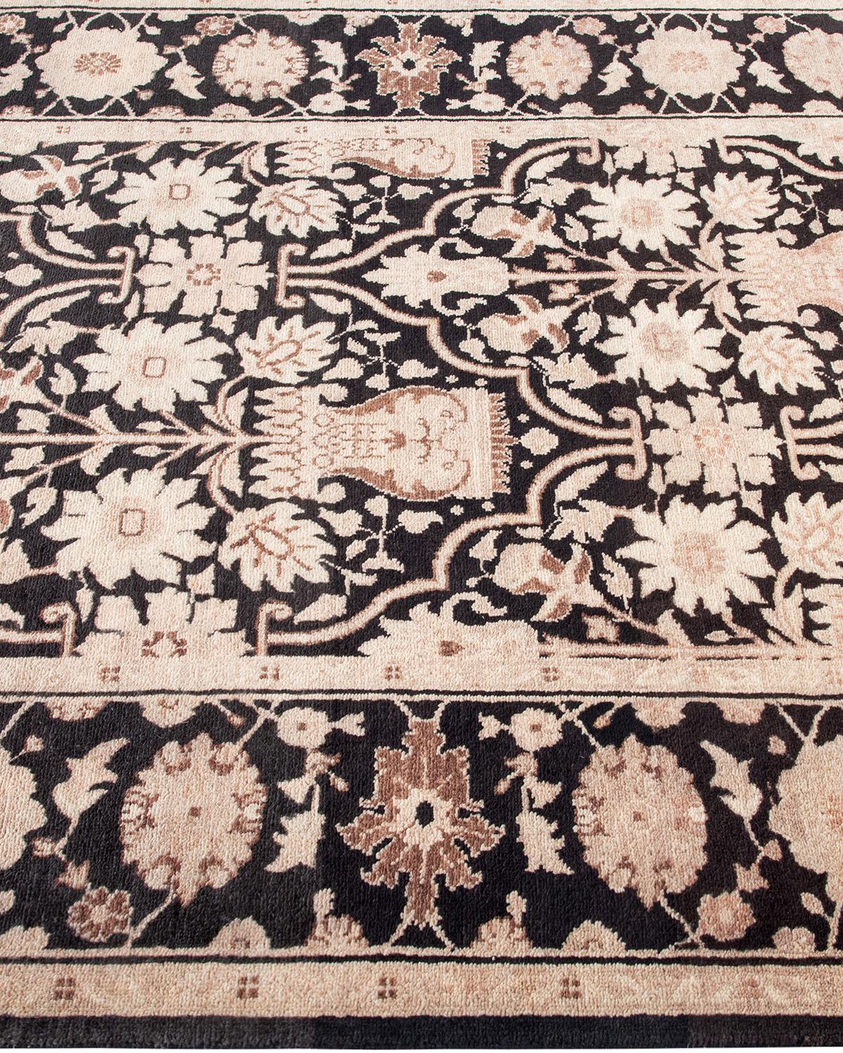 One of Kind Hand Knotted Contemporary Floral Eclectic Black Area Rug In New Condition For Sale In Norwalk, CT
