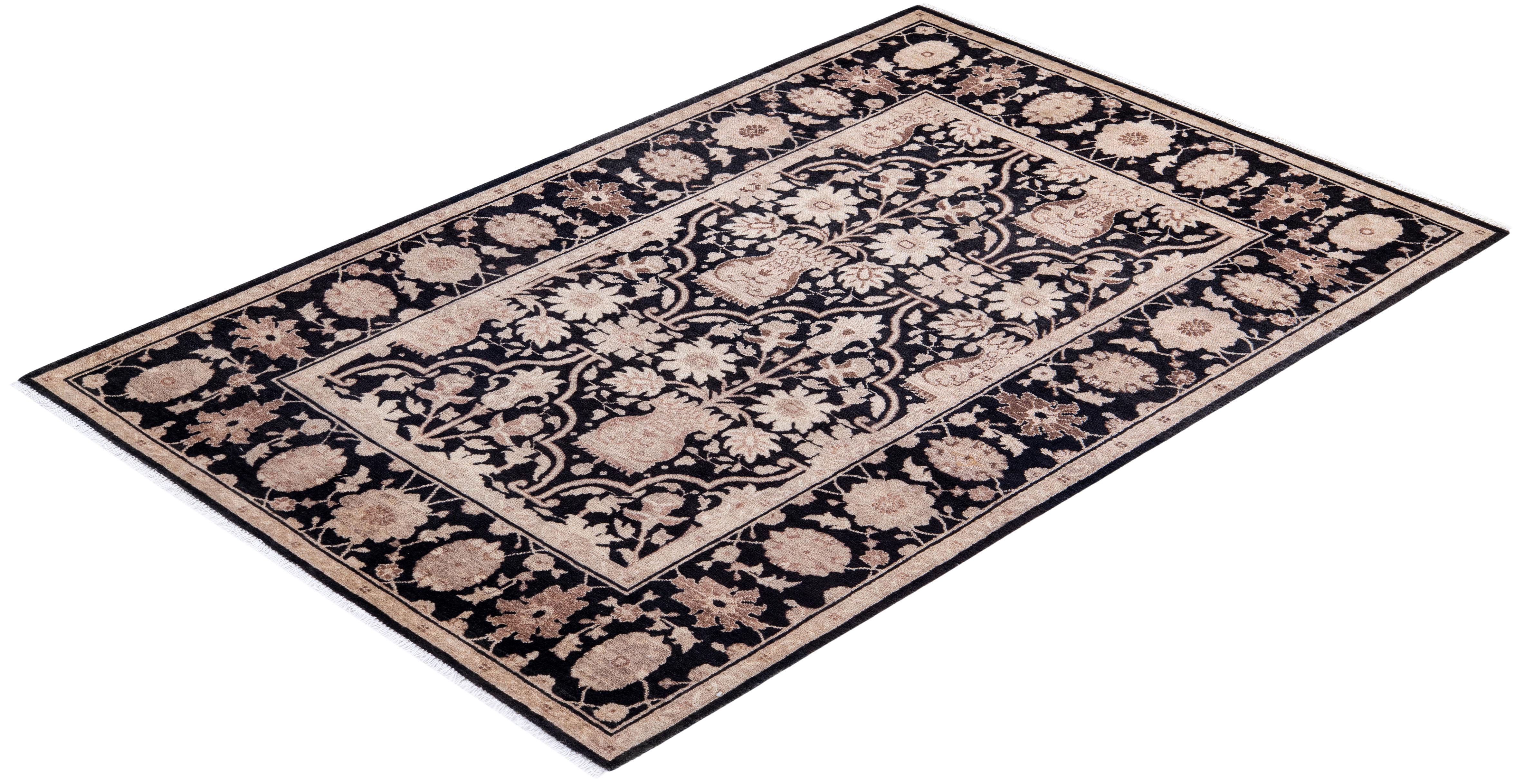 One of Kind Hand Knotted Contemporary Floral Eclectic Black Area Rug For Sale 3
