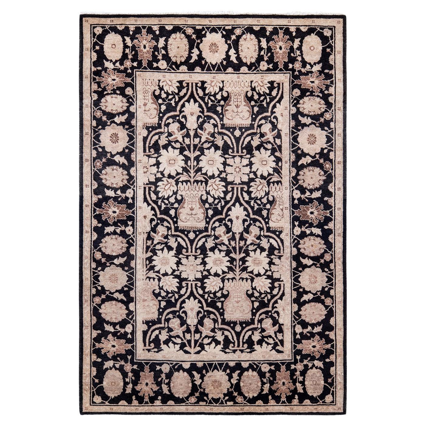 One of Kind Hand Knotted Contemporary Floral Eclectic Black Area Rug
