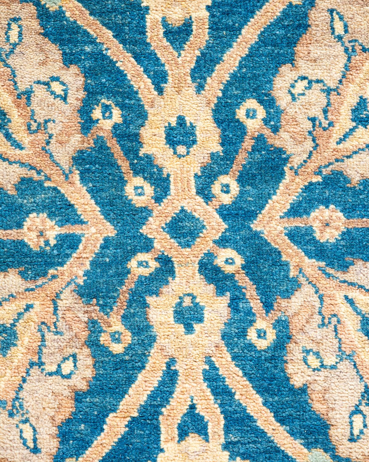 Alfombra única anudada a mano contemporánea floral ecléctica azul Pakistaní