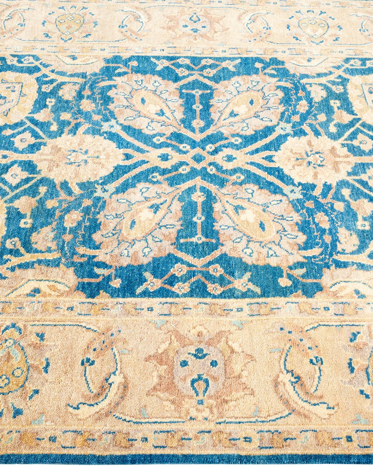 Alfombra única anudada a mano contemporánea floral ecléctica azul en Nuevo Estado en Norwalk, CT