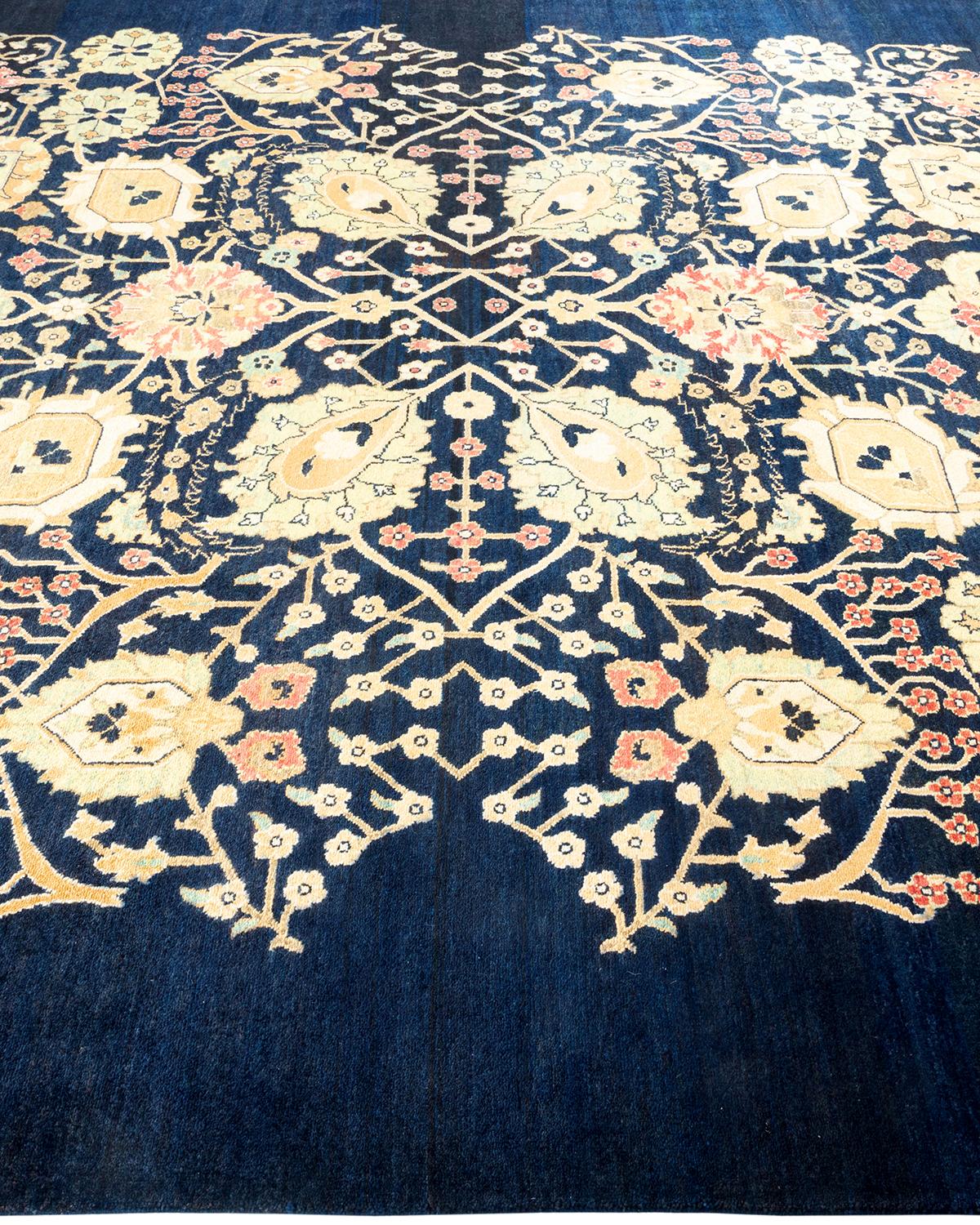 One of a Kind Hand Knotted Contemporary Floral Eclectic Blue Area Rug In New Condition For Sale In Norwalk, CT