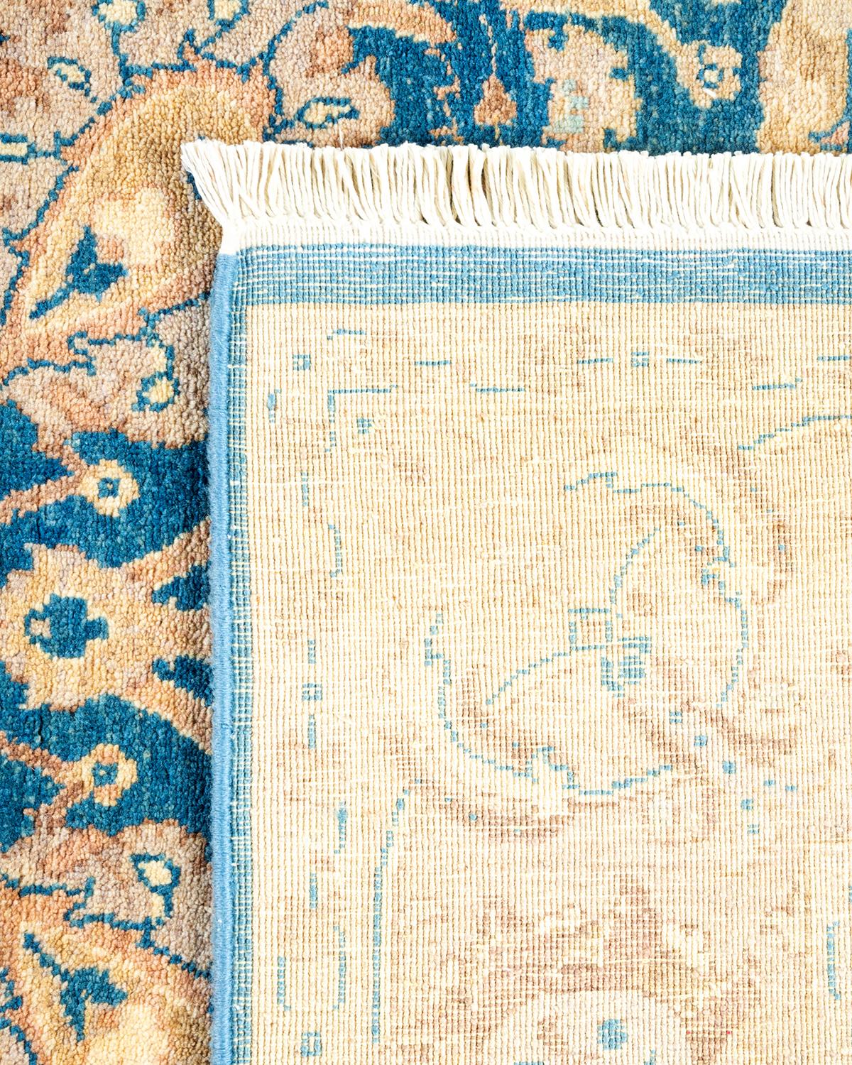 Alfombra única anudada a mano contemporánea floral ecléctica azul Siglo XXI y contemporáneo