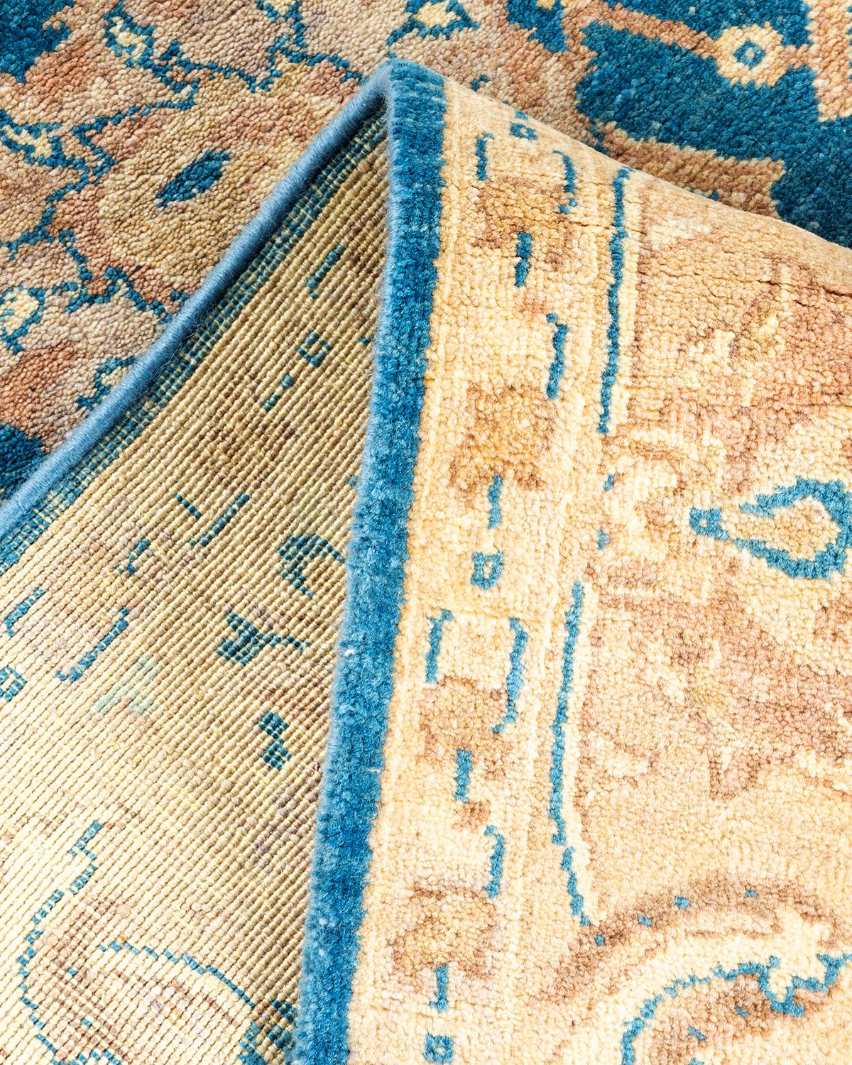Alfombra única anudada a mano contemporánea floral ecléctica azul Lana