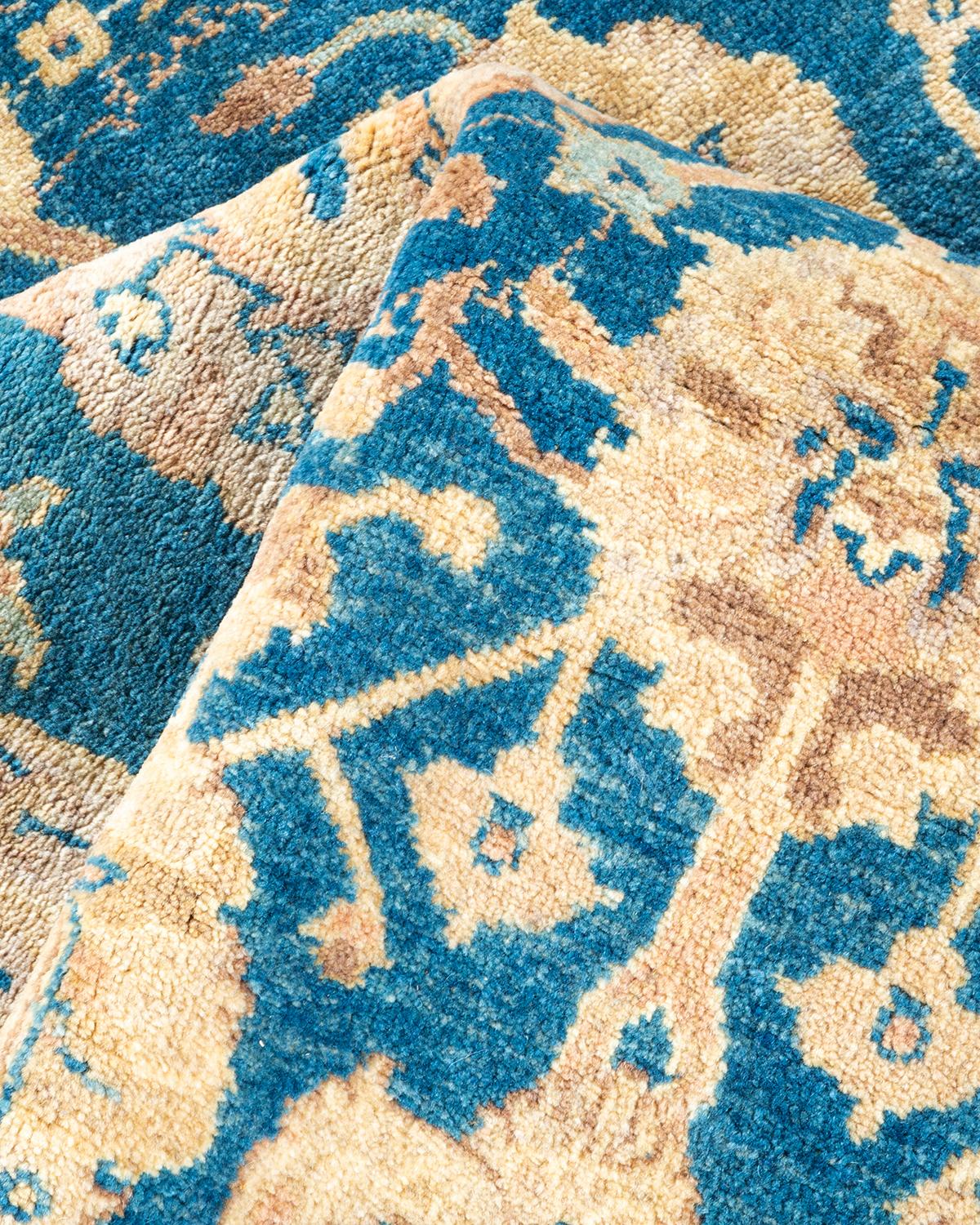 Alfombra única anudada a mano contemporánea floral ecléctica azul 1