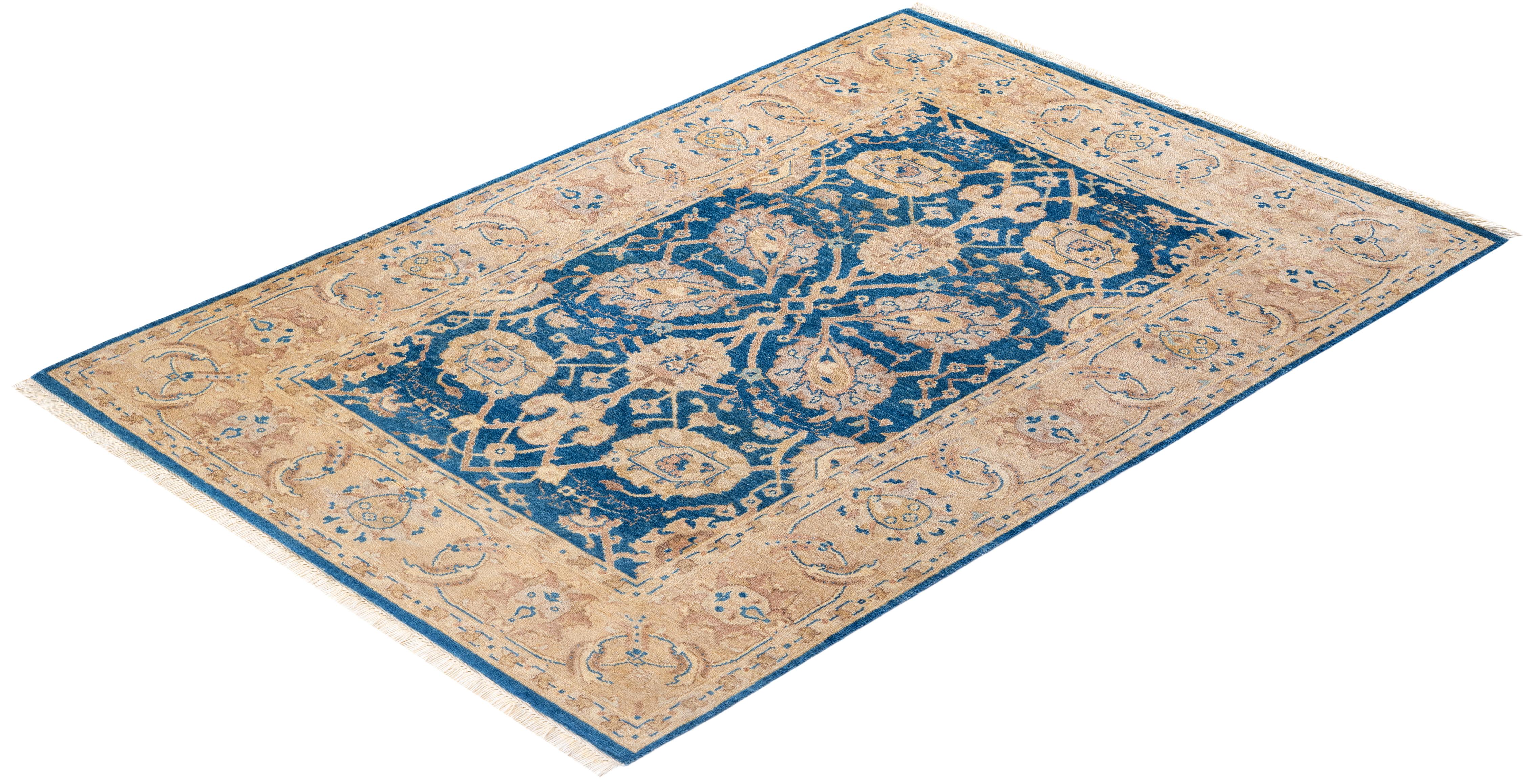 Alfombra única anudada a mano contemporánea floral ecléctica azul 2