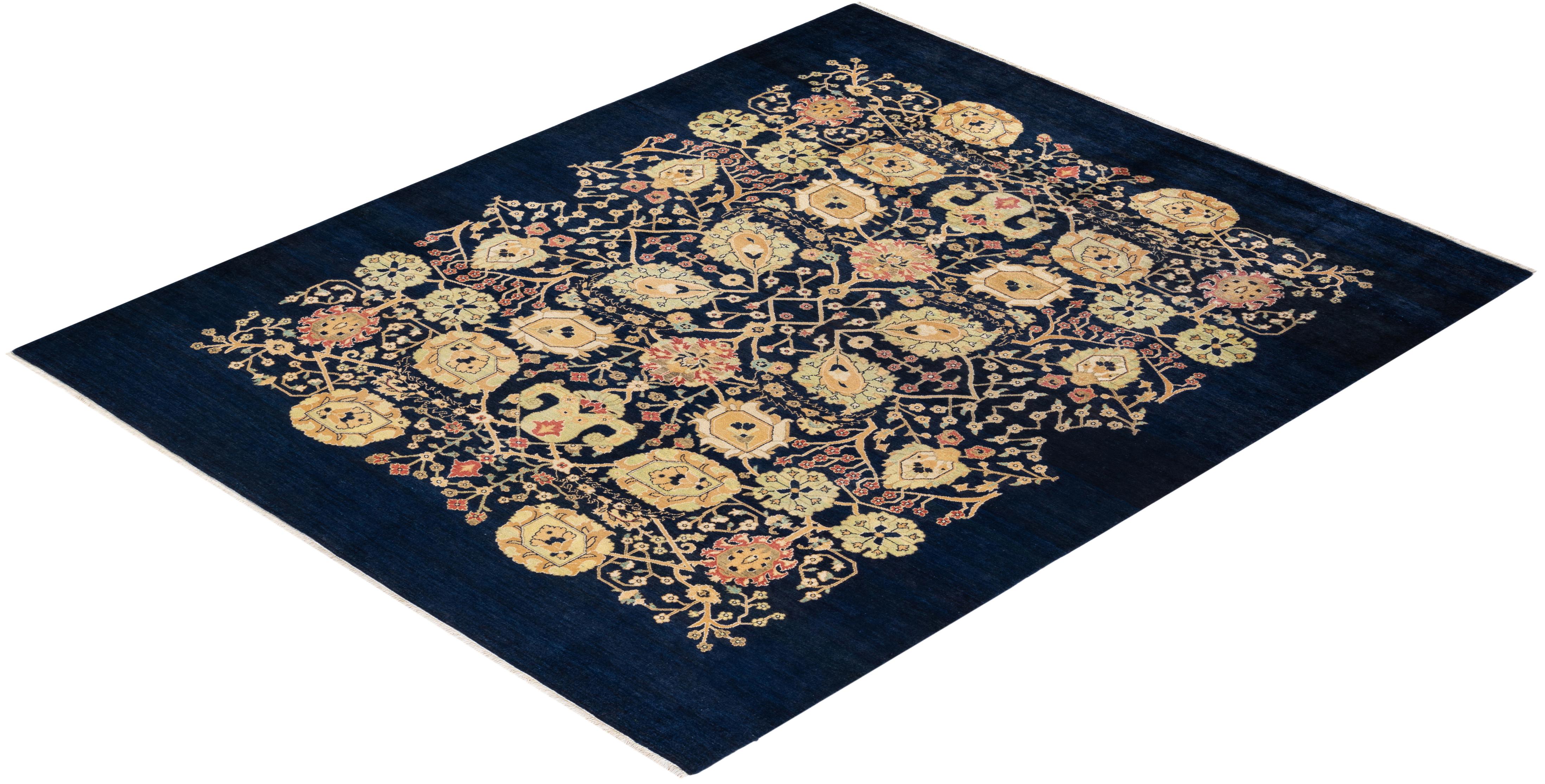 One of a Kind Hand Knotted Contemporary Floral Eclectic Blue Area Rug For Sale 3