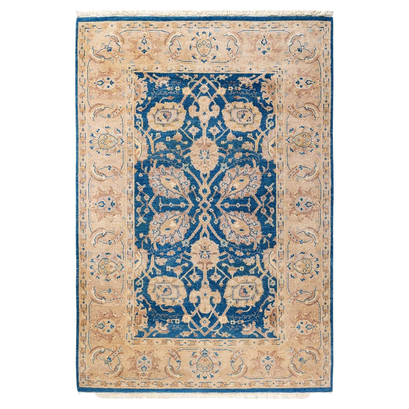 One of a Kind Hand Knotted Contemporary Floral Eclectic Blue Area Rug 
