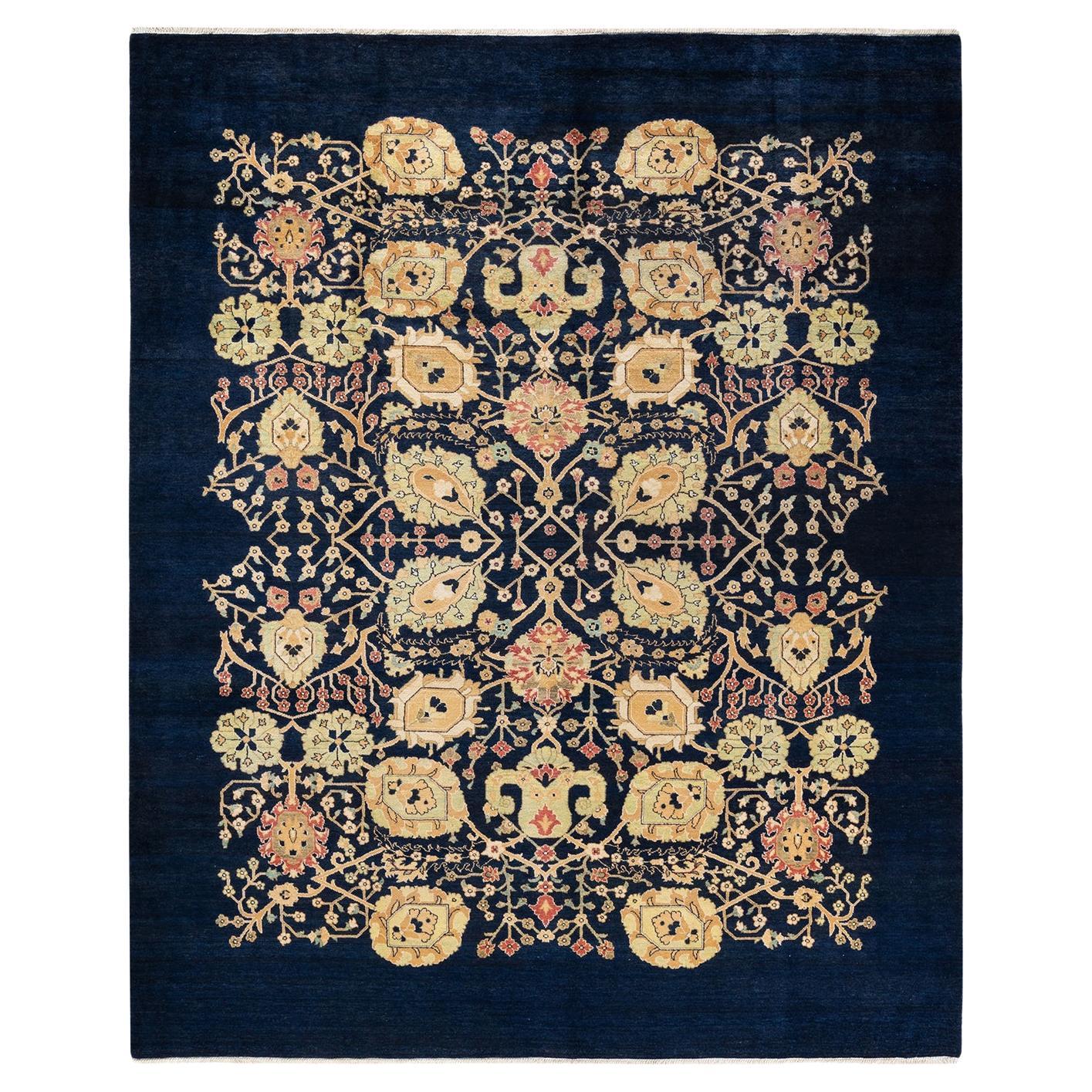 One of a Kind Hand Knotted Contemporary Floral Eclectic Blue Area Rug For Sale