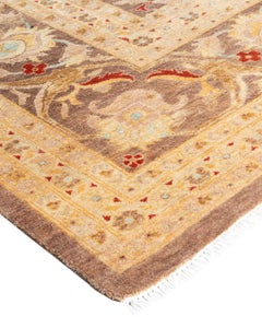 One of a Kind Hand Knotted Contemporary Floral Eclectic Brown Area Rug