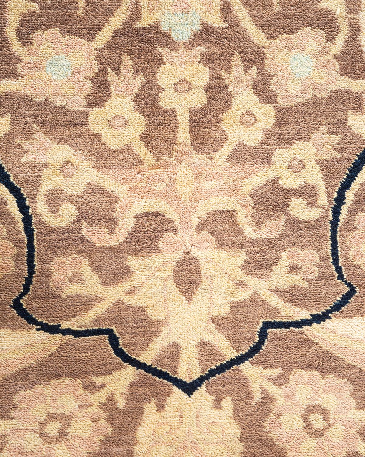 Pakistani One of a Kind Hand Knotted Contemporary Floral Eclectic Brown Area Rug For Sale
