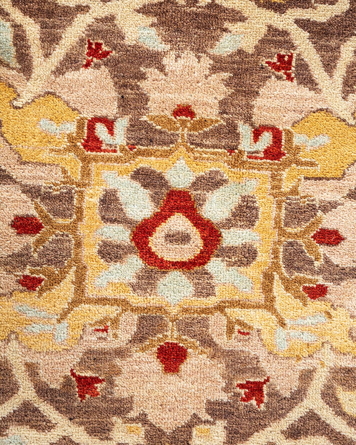 Pakistani One of a Kind Hand Knotted Contemporary Floral Eclectic Brown Area Rug For Sale