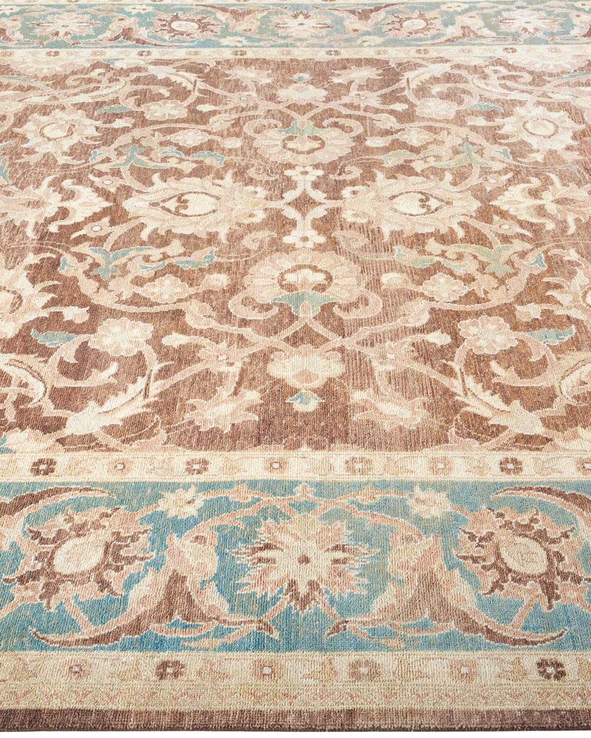 One of a Kind Hand Knotted Contemporary Floral Eclectic Brown Area Rug In New Condition For Sale In Norwalk, CT